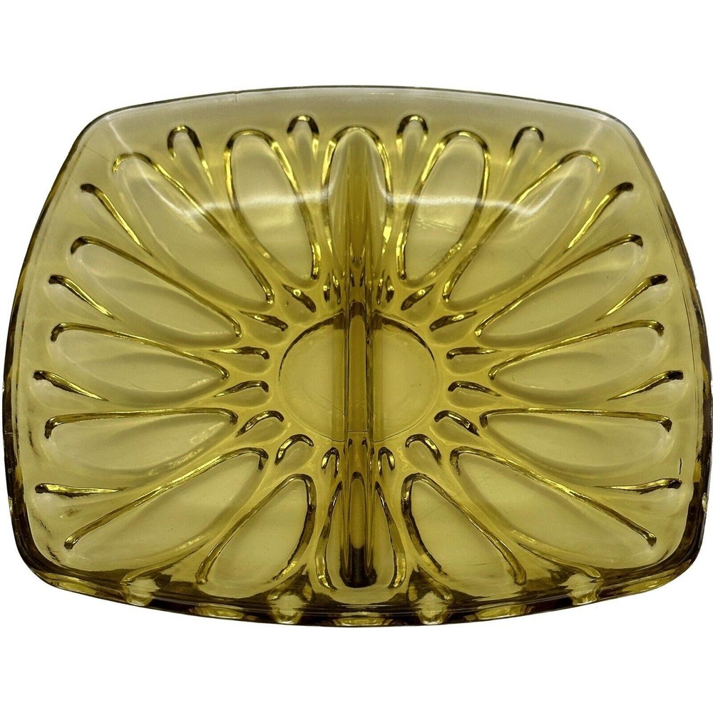 Vtg Divided Relish Dish Plate Glass Square‎ Amber Yellow Floral 7" MCM Retro